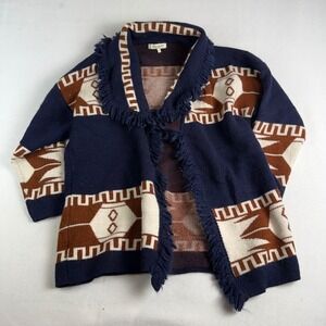 Cocogiò Italy Womens Southwestern Fringe Open Front Cardigan Sweater Navy Blue M